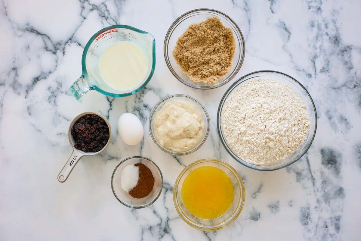 Ingredients of sourdough hot cross buns.