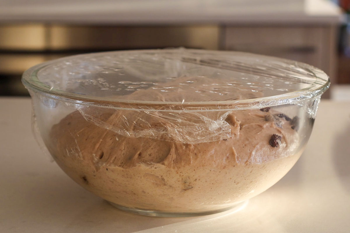 Dough after bulk fermentation, doubled.