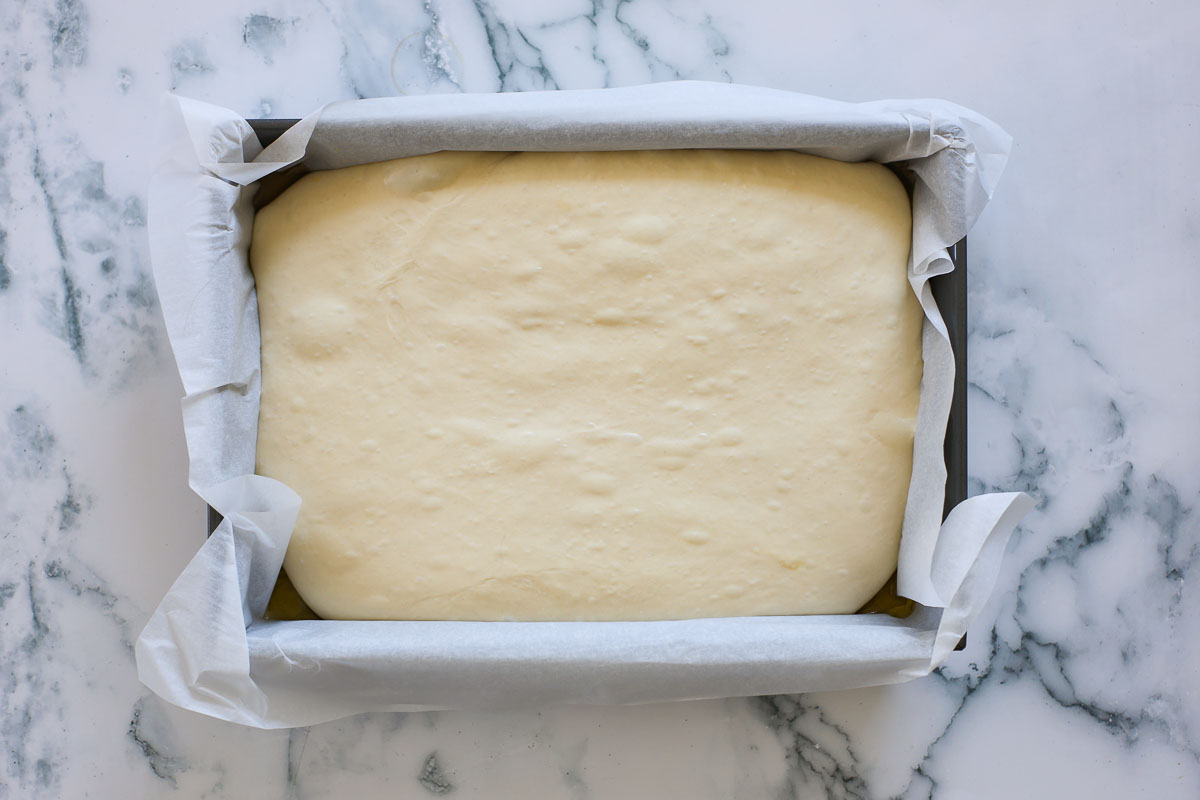 Dough after rise filling the whole baking pan.